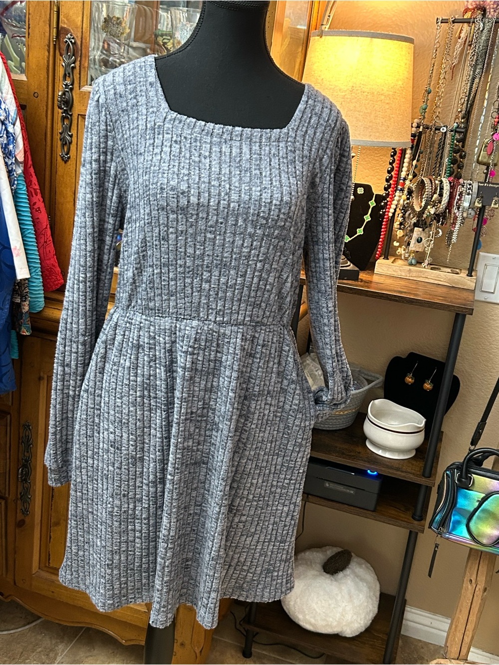 OFEEFAN NWT Gray Ribbed Knit Fit & Flare Dress Long Sleeve Size L